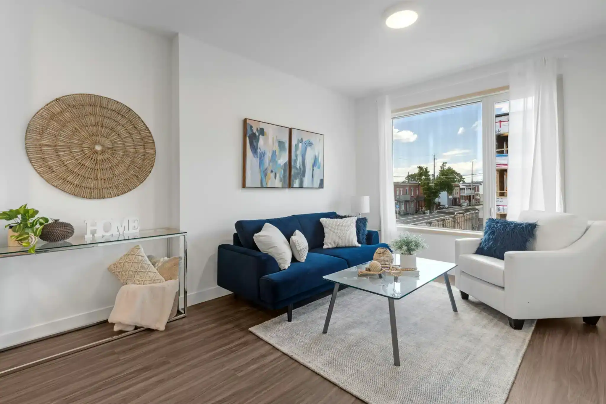 Living area with blue couch