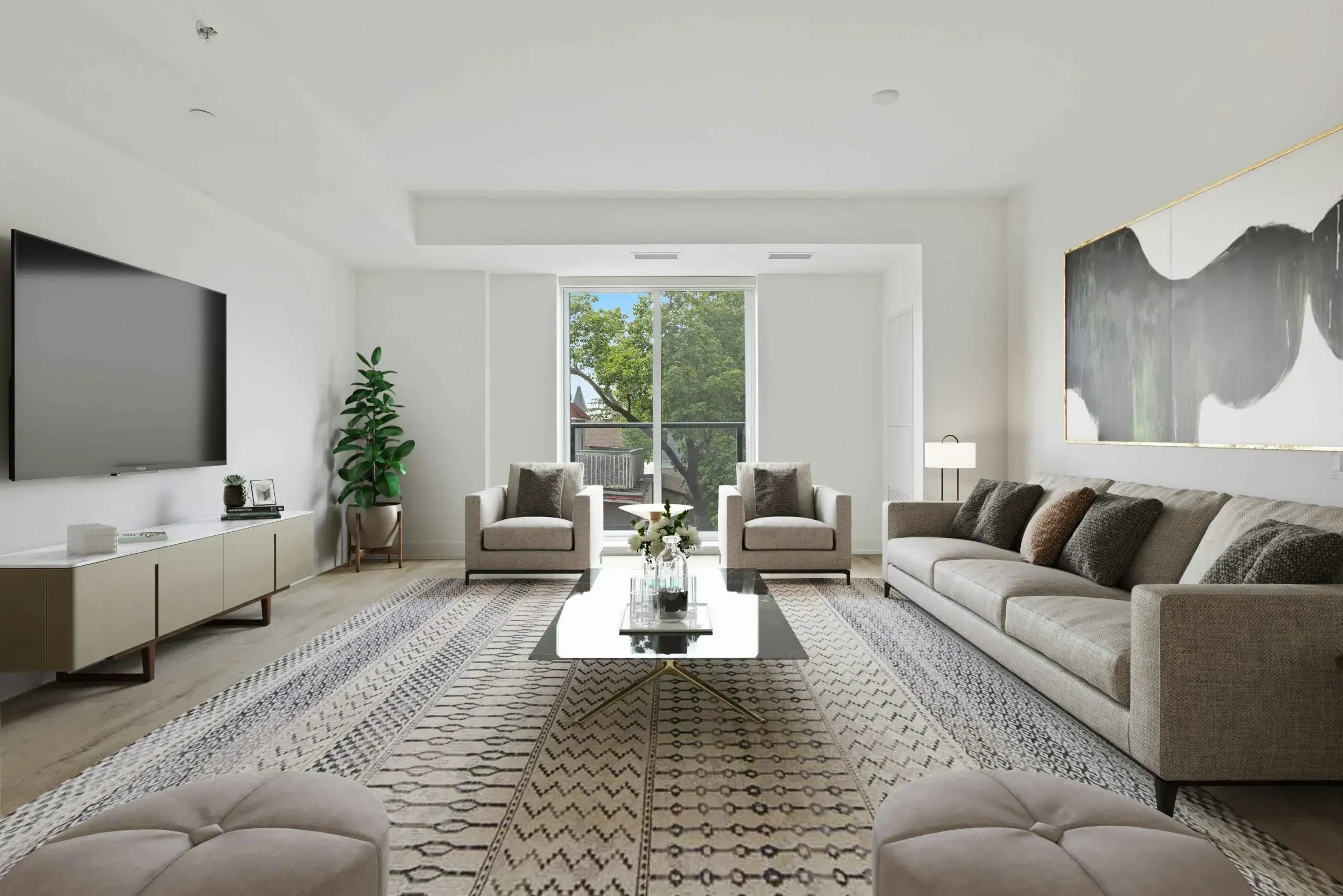 Living area of a house with couch, table and a TV.